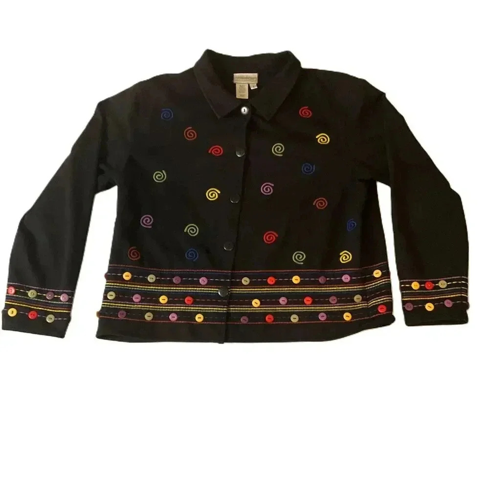 Coldwater Creek Black Embroidered Jacket Long Sleeve Artsy Womens Size Large